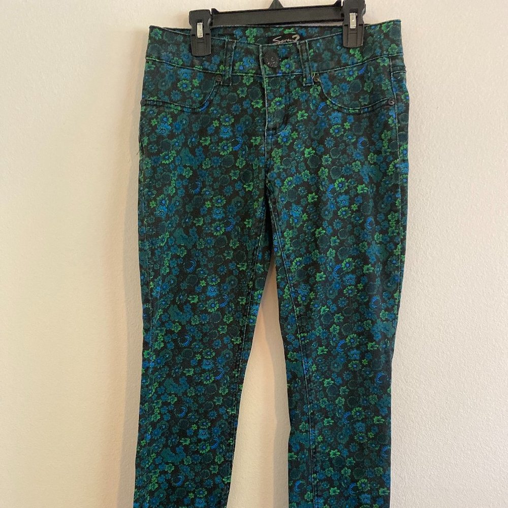 Seven7 Skinny Jeans Floral Denim Womens Size 2 Green Blue Stretch Comfort
